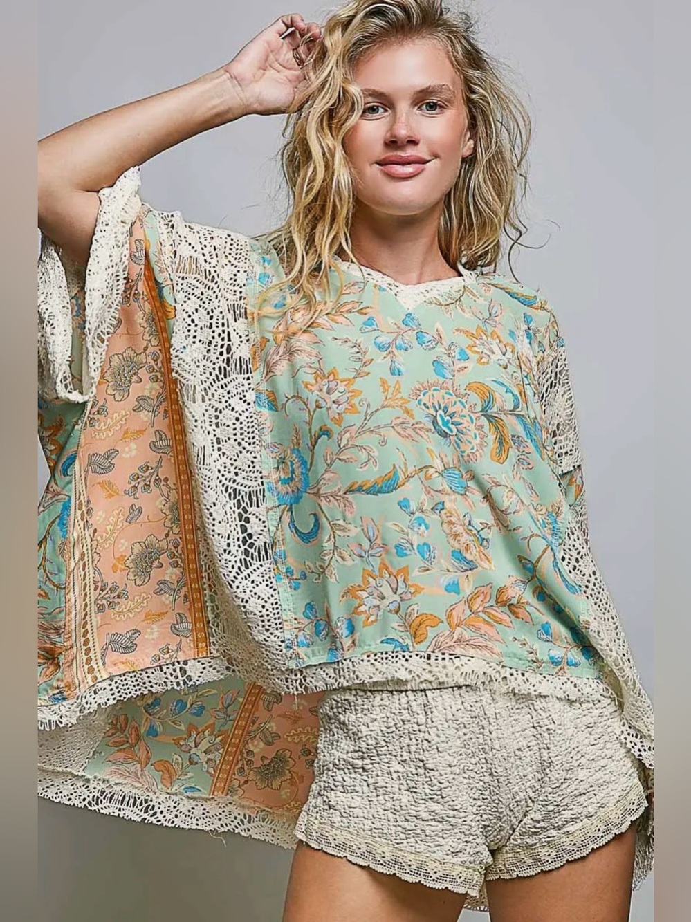POL lace crochet tapestry patchwork floral hoodie pullover tunic top blouse